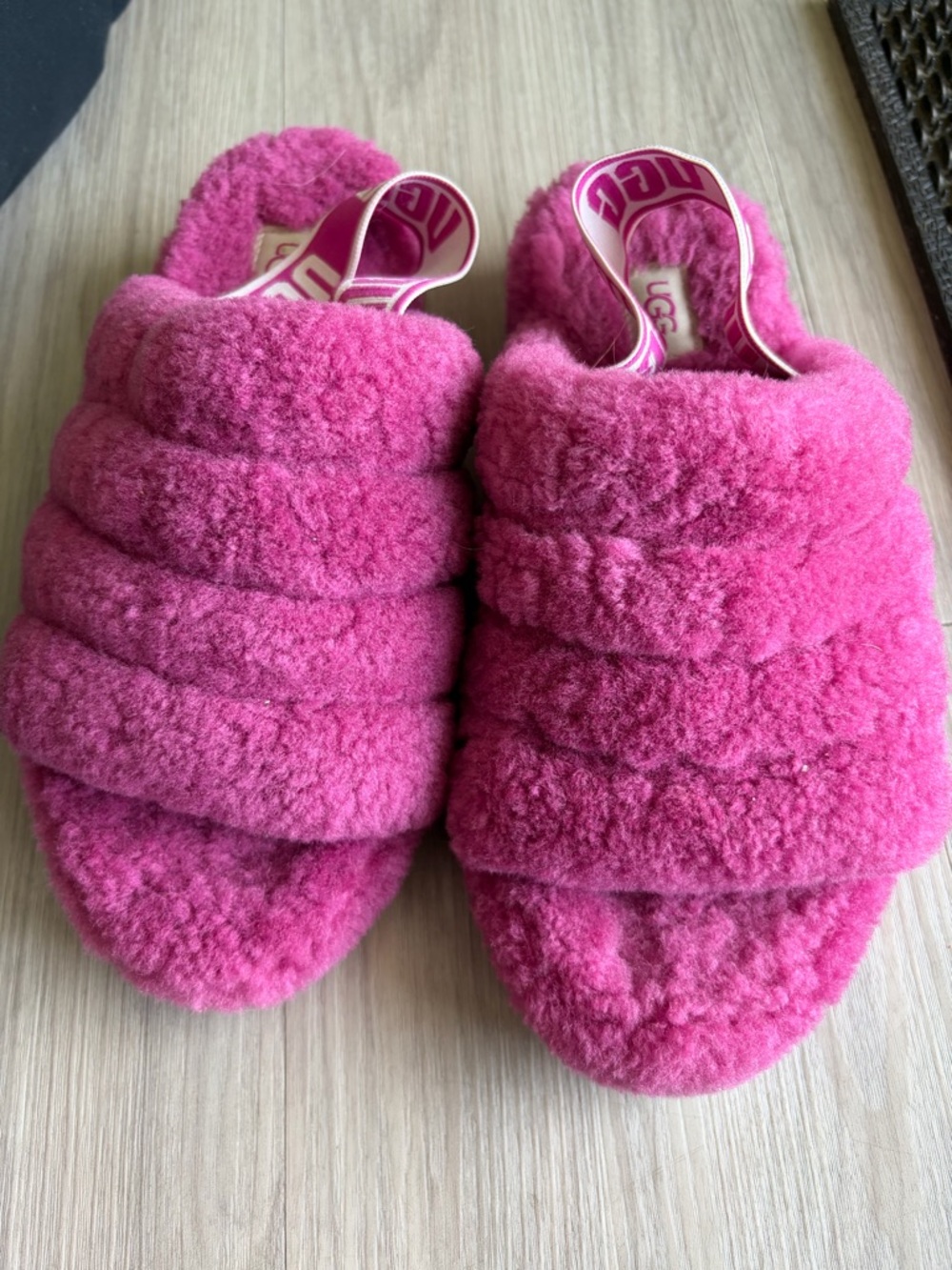 UGG Bright Pink Plush Slide with Branded Heel Strap